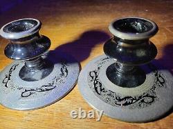 Vtg Pair Ebony Black Amethyst Etched Silver Elegant Candlestick Holder Victorian