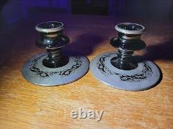 Vtg Pair Ebony Black Amethyst Etched Silver Elegant Candlestick Holder Victorian