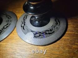 Vtg Pair Ebony Black Amethyst Etched Silver Elegant Candlestick Holder Victorian