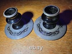 Vtg Pair Ebony Black Amethyst Etched Silver Elegant Candlestick Holder Victorian