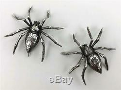 Vtg Pair JEZLAINE Sterling Silver Filigree Macabre Black Widow Spider Brooch Pin