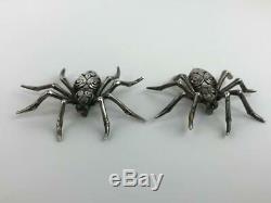 Vtg Pair JEZLAINE Sterling Silver Filigree Macabre Black Widow Spider Brooch Pin