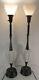 Vtg Pair Leviton Mcm Regency White Glass Silver Metal Torchiere Shade Lamps