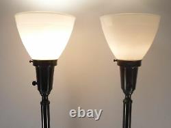 Vtg Pair Leviton MCM Regency White Glass Silver Metal Torchiere Shade Lamps