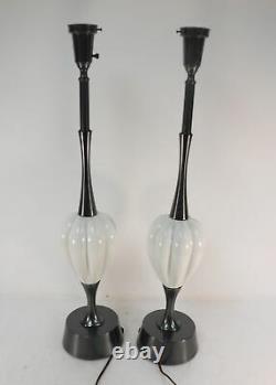 Vtg Pair Leviton MCM Regency White Glass Silver Metal Torchiere Shade Lamps