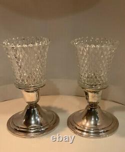 Vtg Pair Mint HeavySterling Silver Candle Stick Holders Withcrystal Peg Lights