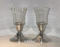 Vtg Pair Mint HeavySterling Silver Candle Stick Holders Withcrystal Peg Lights