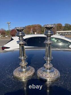 Vtg Pair Sheffield Silver Plated Candlesticks 9.5& Shade Holders & Shades