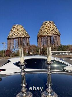 Vtg Pair Sheffield Silver Plated Candlesticks 9.5& Shade Holders & Shades
