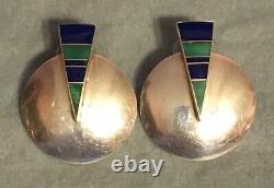 Vtg Pair Signed Ray Tracey Knifewing Silver Turquoise & Lapis Inlay Earrings