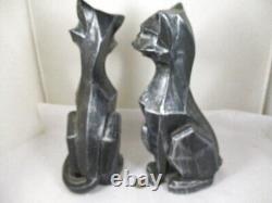 Vtg Set Pair 1961 Universal Staturary Black to Silver Cubist Cat Sculptures Figu