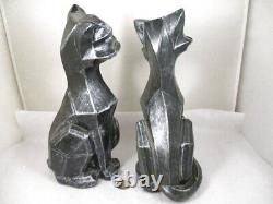 Vtg Set Pair 1961 Universal Staturary Black to Silver Cubist Cat Sculptures Figu