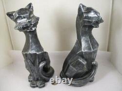 Vtg Set Pair 1961 Universal Staturary Black to Silver Cubist Cat Sculptures Figu