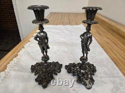 Vtg. Silverplate figural candlesticks on base pair, unmarked