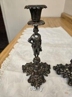 Vtg. Silverplate figural candlesticks on base pair, unmarked