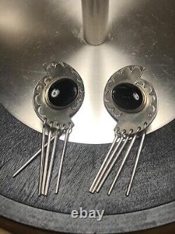 Vtg TAXCO Modernist STERLING Silver Onyx Dangle Round EARRINGS pair TM-182