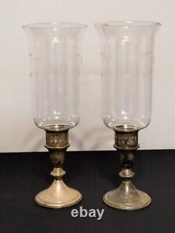 Vtg. Towle 925 Sterling Pair of Weighted Candle Holders with Hurricane Shades