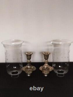 Vtg. Towle 925 Sterling Pair of Weighted Candle Holders with Hurricane Shades