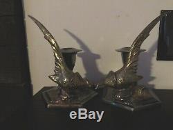 Vtg WB Weidlich Brothers Pheasant Silver Plated Candlestick Holder Pair #2272