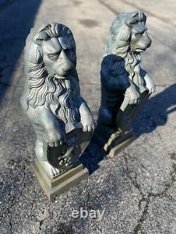 Vtg pair Cast Iron Lion holding Shield Garden Statuary 31x10 Sculpture Lawn