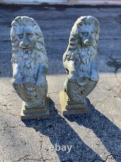 Vtg pair Cast Iron Lion holding Shield Garden Statuary 31x10 Sculpture Lawn
