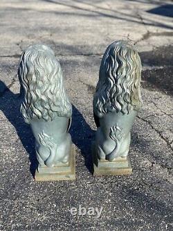 Vtg pair Cast Iron Lion holding Shield Garden Statuary 31x10 Sculpture Lawn