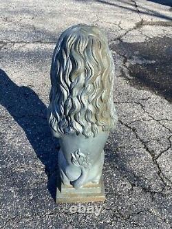 Vtg pair Cast Iron Lion holding Shield Garden Statuary 31x10 Sculpture Lawn