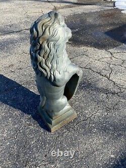 Vtg pair Cast Iron Lion holding Shield Garden Statuary 31x10 Sculpture Lawn