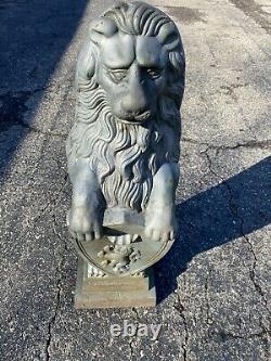 Vtg pair Cast Iron Lion holding Shield Garden Statuary 31x10 Sculpture Lawn