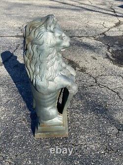 Vtg pair Cast Iron Lion holding Shield Garden Statuary 31x10 Sculpture Lawn