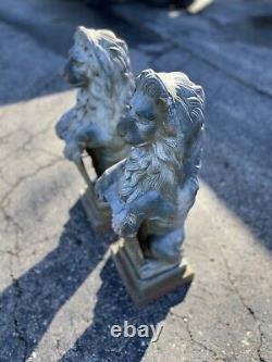 Vtg pair Cast Iron Lion holding Shield Garden Statuary 31x10 Sculpture Lawn