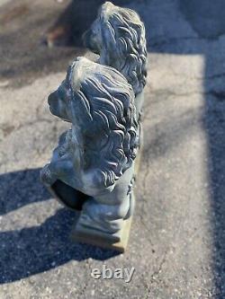 Vtg pair Cast Iron Lion holding Shield Garden Statuary 31x10 Sculpture Lawn