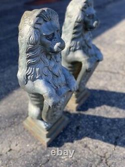 Vtg pair Cast Iron Lion holding Shield Garden Statuary 31x10 Sculpture Lawn