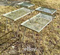 Vtg pair Wrought Iron MID CENTURY MODERN Hairpin end side step patio Table mcm