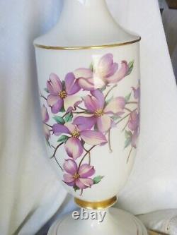 (2) Paire Mint Vintage Lenox Porcelaine Lampes De Table En Céramique Pink Dogwood