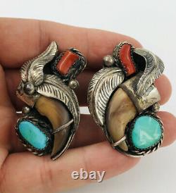 (2) Vtg Navajo Sterling Argent Sterling Turquoise & Red Coral Paire Broche