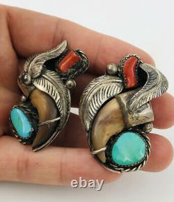(2) Vtg Navajo Sterling Argent Sterling Turquoise & Red Coral Paire Broche