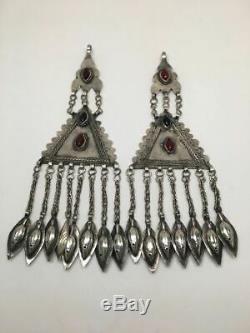 2x Paire Vieux Pendentif Tribal Turque Afghan Ats Gland Tribal Allemand Argent, Tk98