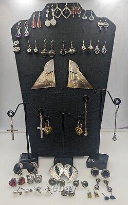 30+ Paires - Boucles d'oreilles en argent sterling vintage avec diamants, pierres précieuses, etc. 114g