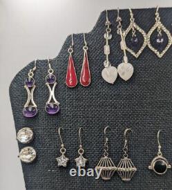 30+ Paires - Boucles d'oreilles en argent sterling vintage avec diamants, pierres précieuses, etc. 114g