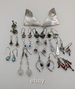 30+ Paires - Boucles d'oreilles en argent sterling vintage avec diamants, pierres précieuses, etc. 114g