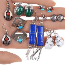 7 paires de boucles d'oreilles en argent sterling du Sud-Ouest vintage