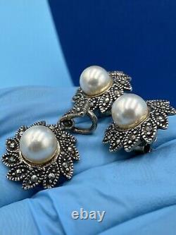 925 Solid Sterling Silver Vintage Real Marcasite & Perle Boucles D'oreilles & Pendentif Set