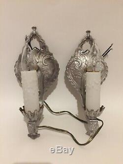 Antique Vintage Art Déco Art Nouveau Verrerie Paire Lumières Métalliques Lampes Electr