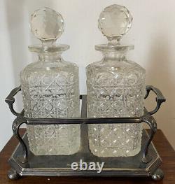 Antique Vintage Paire A1 Argent Plaqué Hobnail Cut Glass Decanters Tantalus Stand