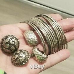 Argent Vintage 925 2 Paires Mexique Boucles D'oreilles N & H 14 Bracelets Bangle