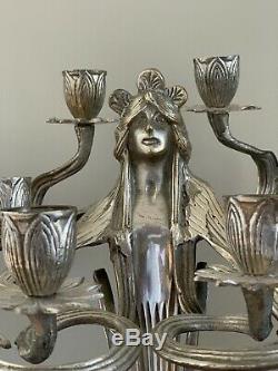 Art Nouveau Silvered Candélabres Lampe Bougeoir Vintage Paire Figural