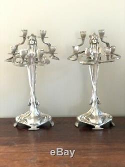 Art Nouveau Silvered Candélabres Lampe Bougeoir Vintage Paire Figural