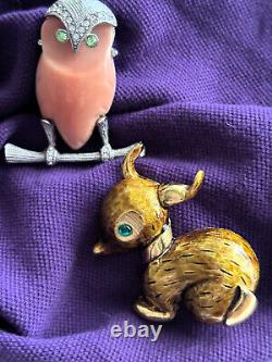 BROCHES FIGURATIVES SIGNÉES Hattie Carnegie PAIRES DE CERF ET DE CHOUETTE DES BOIS Vintage Années 60