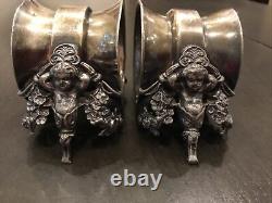 Bague à serviette vintage en argent plaqué figurative motif floral de chérubin lot de deux